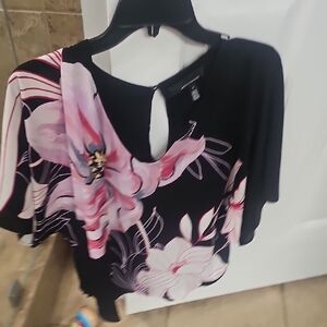 White House Black Market Black and Pink Floral Blouse